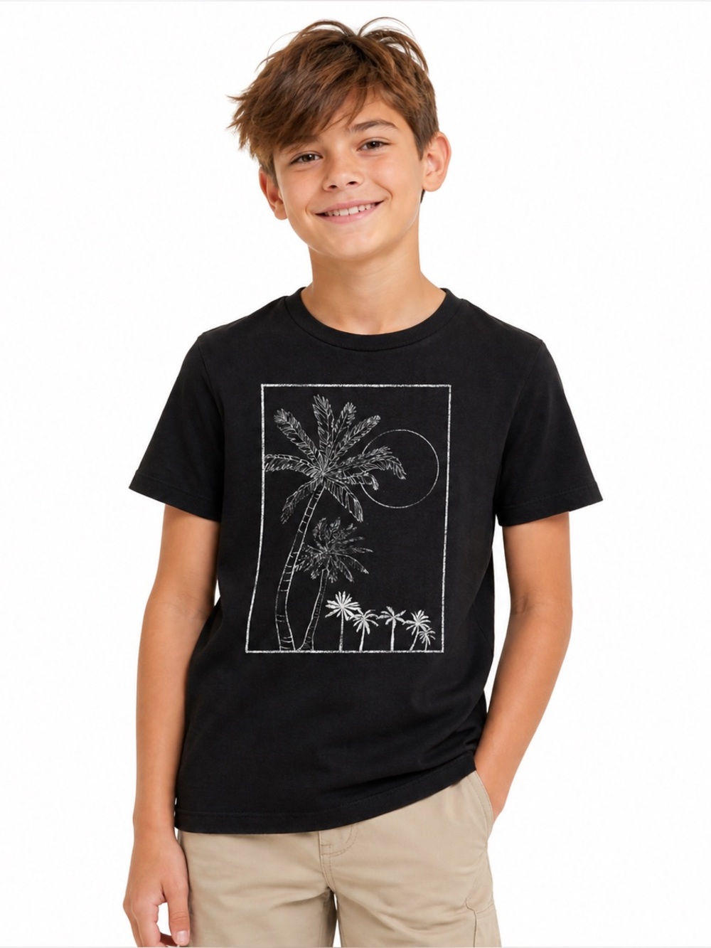 Art Class Palm Tree Graphic Tee Black Short Sleeve Kids Size Small